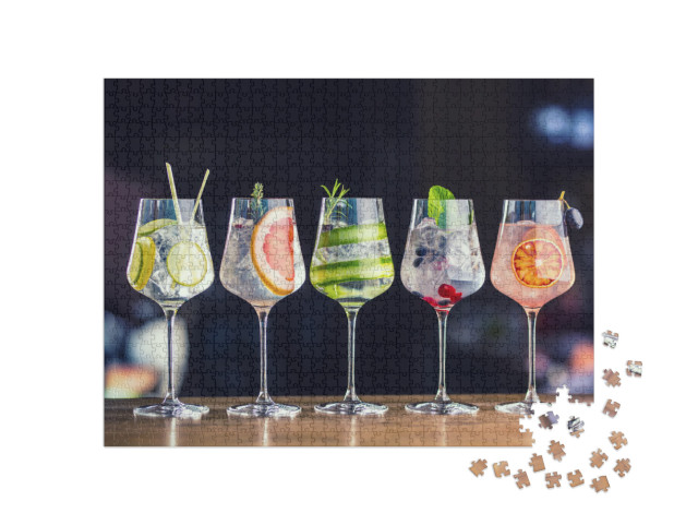 Five Colorful Gin Tonic Cocktails in Wine Glasses on Bar... Jigsaw Puzzle with 1000 pieces