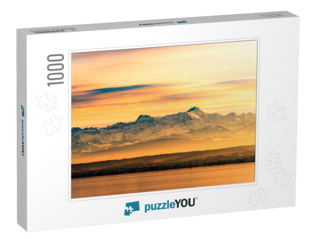 Afterglow of Beautiful Lake Constance with Swiss Alps in... Jigsaw Puzzle with 1000 pieces