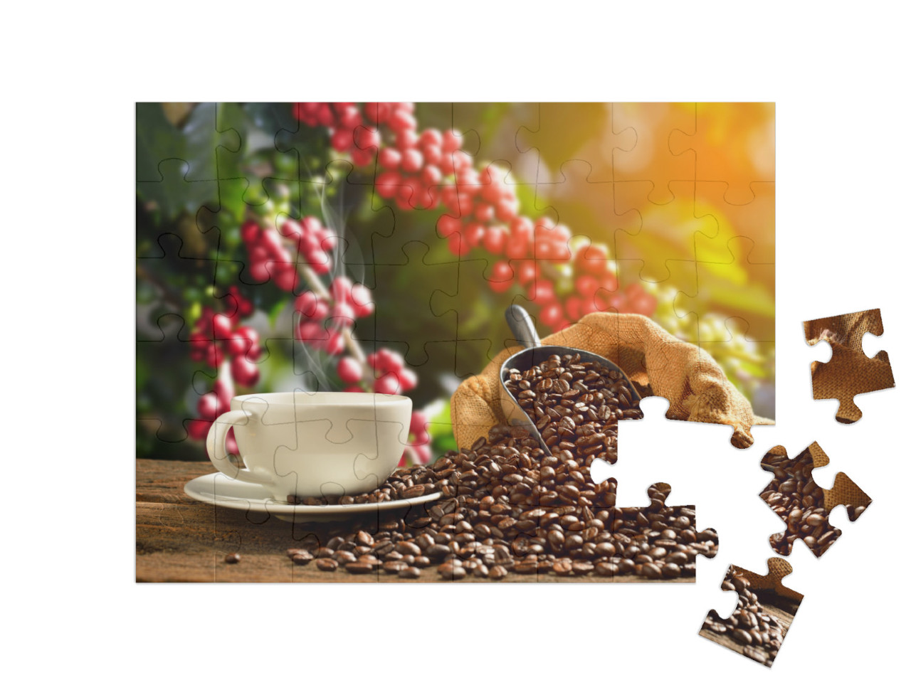 Cup of Coffee with Smoke & Coffee Beans in Burlap Sack on... Jigsaw Puzzle with 48 pieces