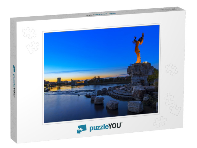 Keeper of the Plains Indian in Wichita, Kansas At Sunrise... Jigsaw Puzzle