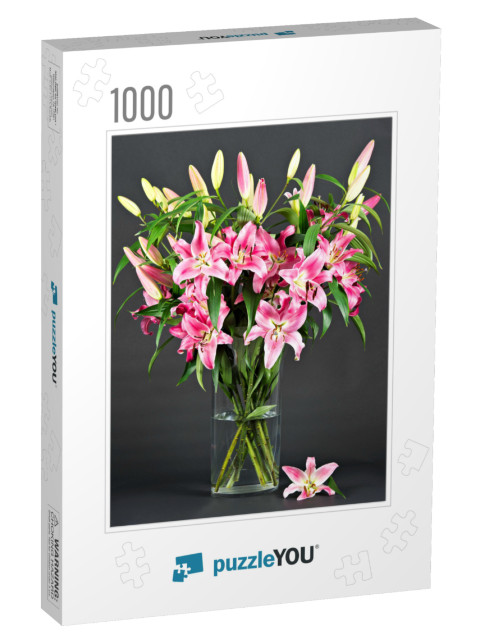 Pink Lily Flowers on Black Background... Jigsaw Puzzle with 1000 pieces