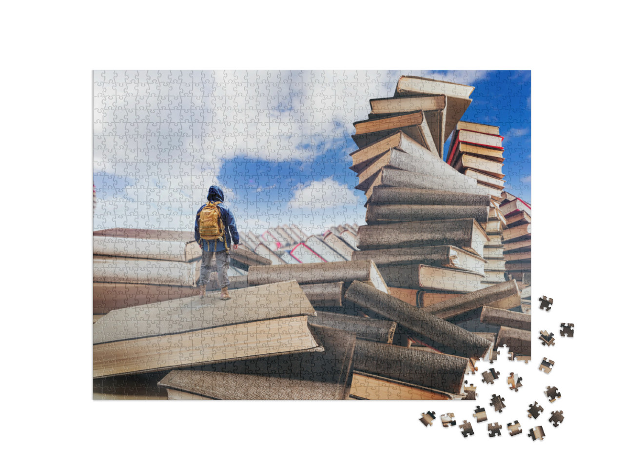 Traveler with Backpack Standing in Fantasy Mountains Vall... Jigsaw Puzzle with 1000 pieces