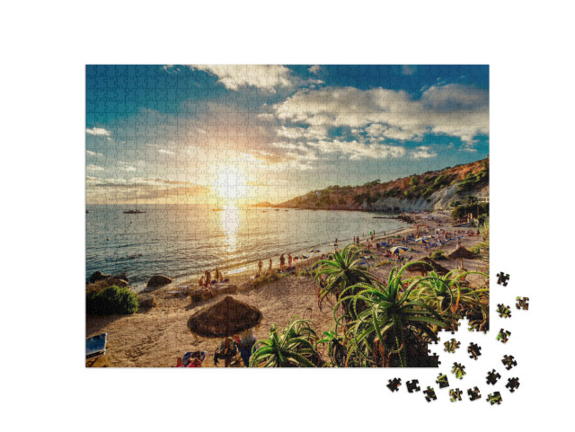 Cala Dhort Beach At Sunset. People Sunbathing, Have a Par... Jigsaw Puzzle with 1000 pieces