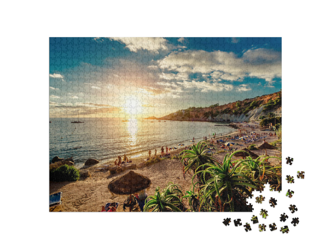 Cala Dhort Beach At Sunset. People Sunbathing, Have a Par... Jigsaw Puzzle with 1000 pieces