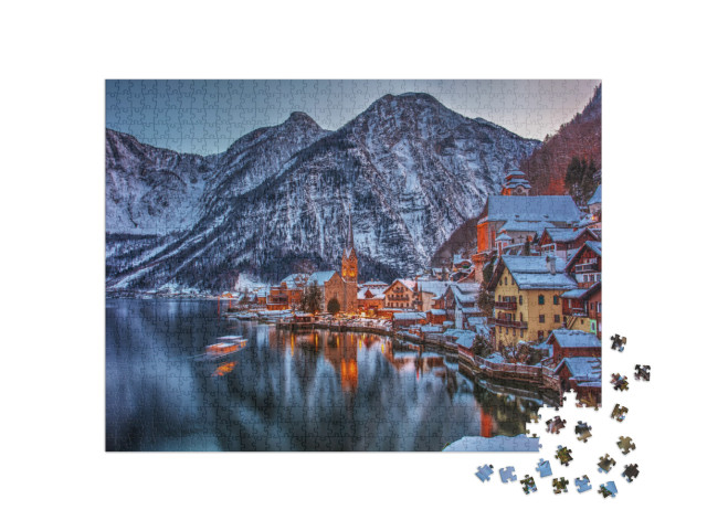 Beautiful Scene with Winter Evening Fairytale Town Hallst... Jigsaw Puzzle with 1000 pieces