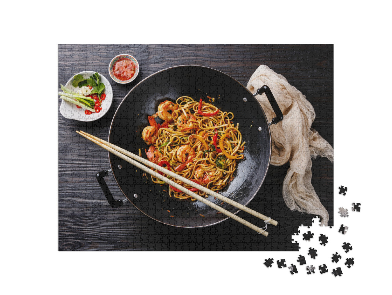 Udon Stir-Fry Noodles with Shrimp & Vegetables in Wok Pan... Jigsaw Puzzle with 1000 pieces