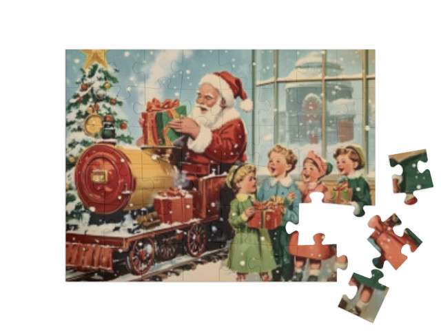 Vintage Christmas Motif: Santa Claus With Singing Children Jigsaw Puzzle with 48 pieces