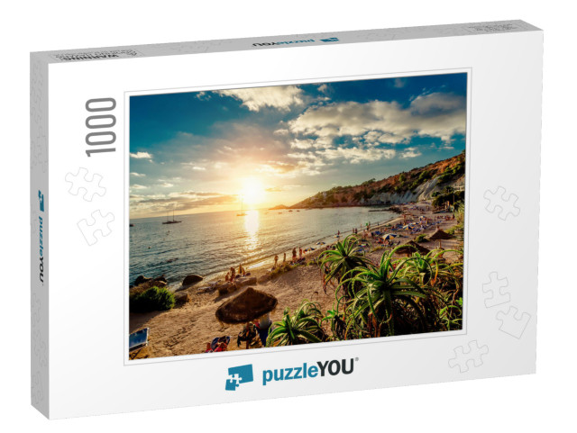 Cala Dhort Beach At Sunset. People Sunbathing, Have a Par... Jigsaw Puzzle with 1000 pieces