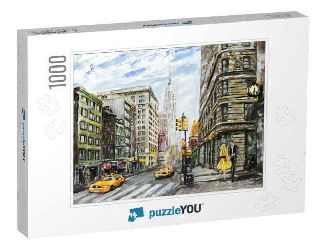 Oil Painting on Canvas, Street View of New York, Man & Wo... Jigsaw Puzzle with 1000 pieces