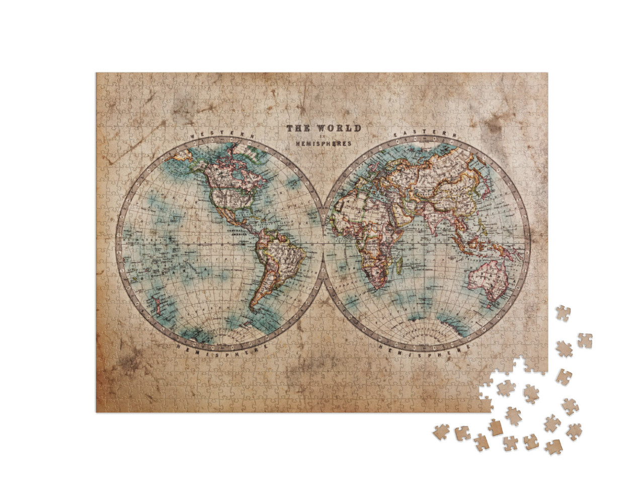 A Genuine Old Stained World Map Dated from the Mid 1800s... Jigsaw Puzzle with 1000 pieces