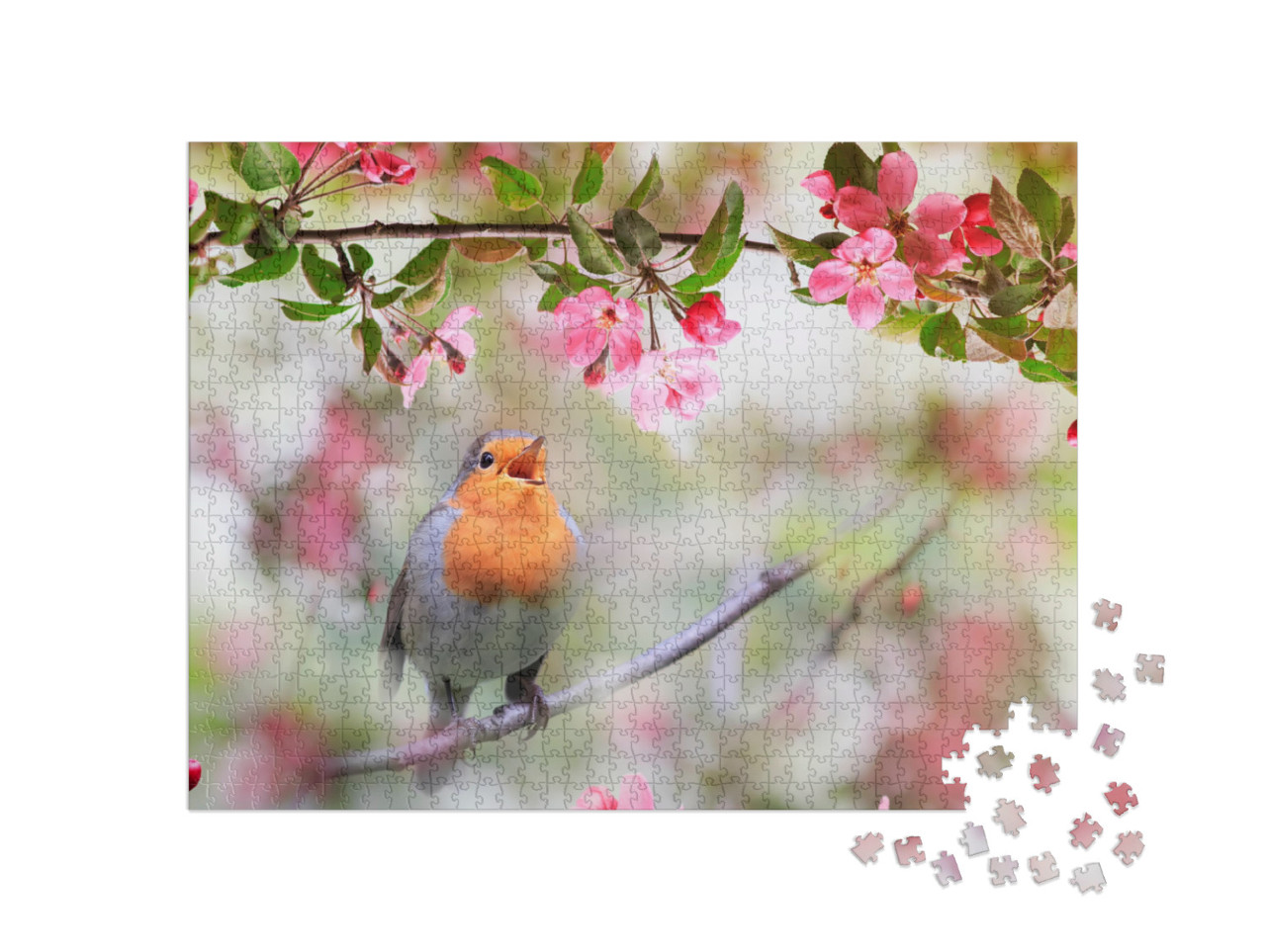 Small Songbird, a Robin, Sits in a Sunny Garden in May Am... Jigsaw Puzzle with 1000 pieces