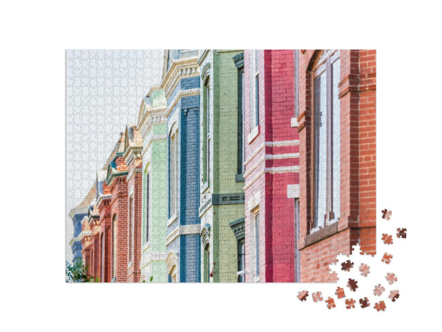 Row of Colorful Red Green & Blue Painted Brick Residentia... Jigsaw Puzzle with 1000 pieces