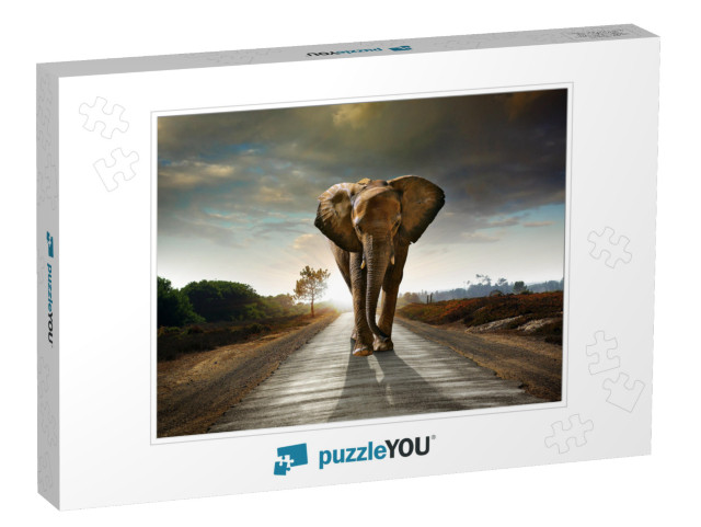 Single Elephant Walking in a Road with the Sun from Behin... Jigsaw Puzzle