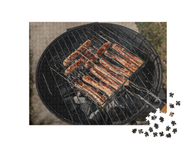 Top view of chicken sausages on the grill. Grillin Jigsaw Puzzle with 1000 pieces