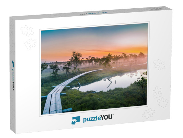 Warmly Colored Sunrise Over a Foggy Swamp. Aerial View of... Jigsaw Puzzle