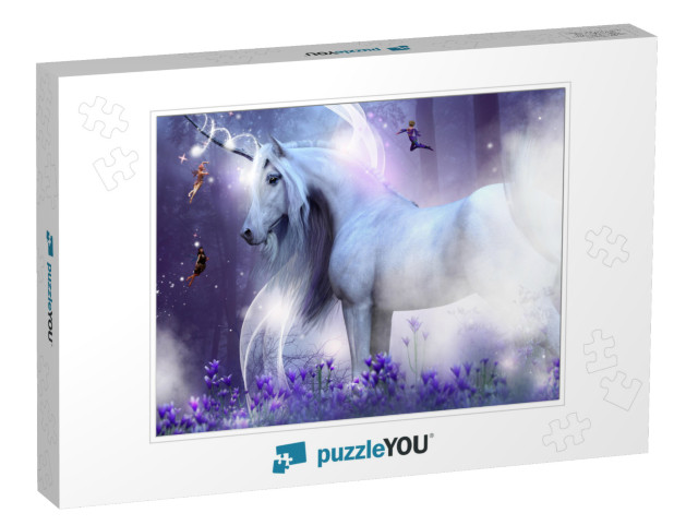 A Majestic Unicorn with Three Little Fairies Sending Magi... Jigsaw Puzzle