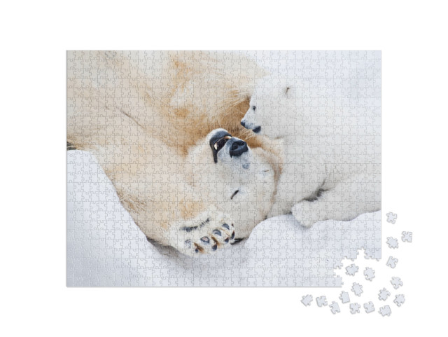 Female Polar Bear Playing with Her Little Cub on the Snow... Jigsaw Puzzle with 1000 pieces