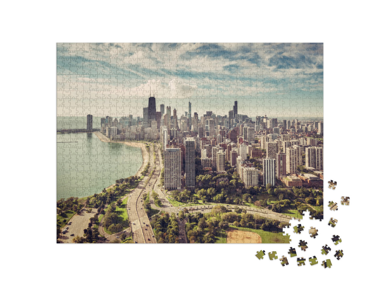 Chicago Skyline Aerial View with Road by the Beach, Vinta... Jigsaw Puzzle with 1000 pieces