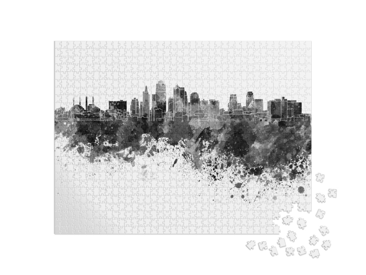 Kansas City Skyline in Black Watercolor... Jigsaw Puzzle with 1000 pieces