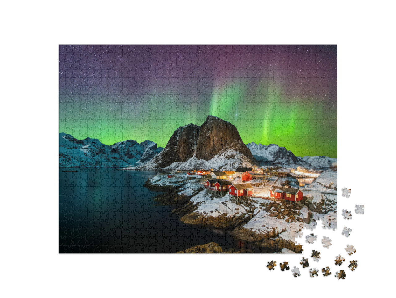 Aurora Borealis Over Hamnoy in Norway... Jigsaw Puzzle with 1000 pieces