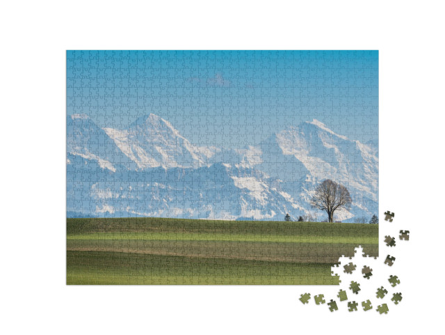 A Tree in Front of Eiger, Moench & Jungfrau on a Beautifu... Jigsaw Puzzle with 1000 pieces