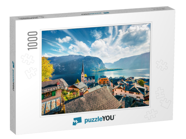 Sunny Autumn Cityscape of Hallstatt Town. Splendid Mornin... Jigsaw Puzzle with 1000 pieces