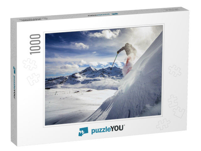 Free Ride Skier, Skiing Down Steep Slope, Good Background... Jigsaw Puzzle with 1000 pieces