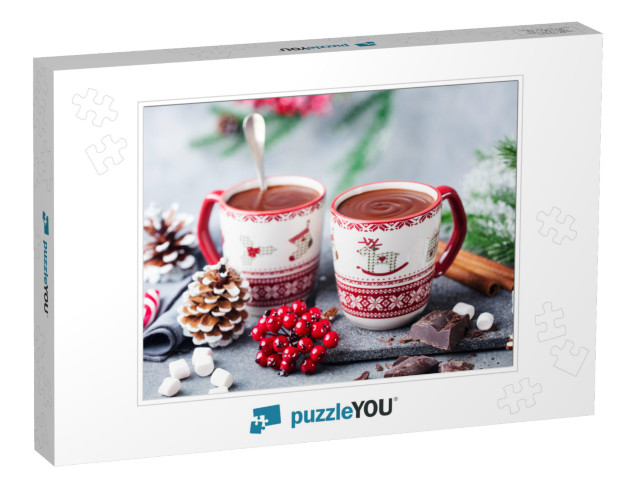 Hot Chocolate with Marshmallows in Christmas Mugs on Grey... Jigsaw Puzzle