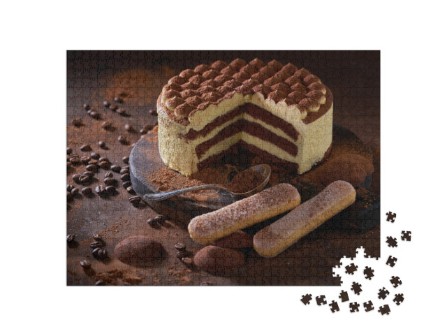 Tiramisu Cake on a Dark Slate, Stone or Metal Background... Jigsaw Puzzle with 1000 pieces