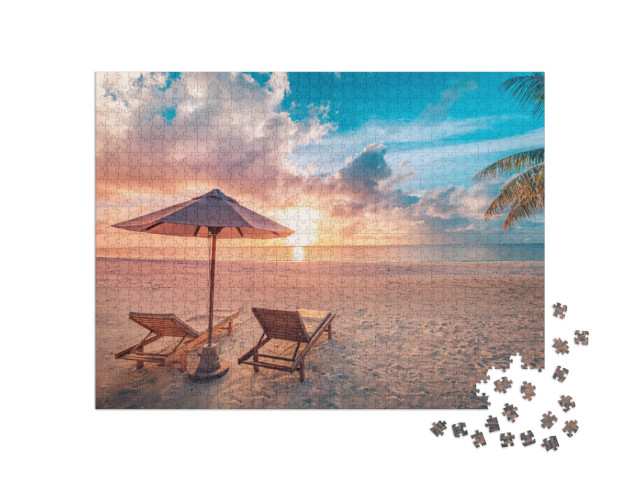 Beautiful Tropical Sunset Scenery, Two Sun Beds, Loungers... Jigsaw Puzzle with 1000 pieces