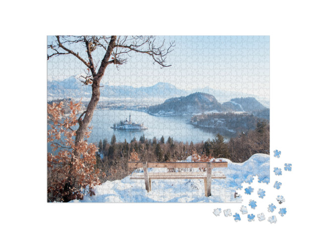 Beautiful View of Wooden Bench Overlooking Famous Lake Bl... Jigsaw Puzzle with 1000 pieces