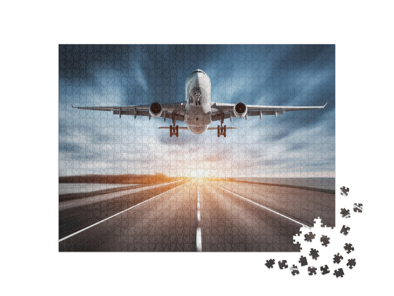 Airplane & Road with Motion Blur Effect At Sunset. Landsc... Jigsaw Puzzle with 1000 pieces