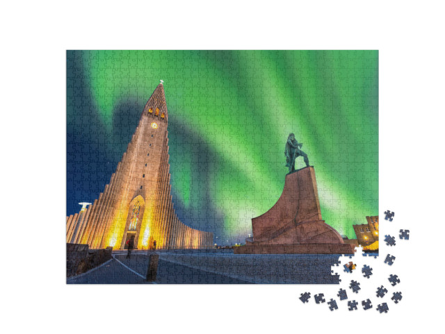 Aurora Borealis Above Hallgrimskirkja Church in Central o... Jigsaw Puzzle with 1000 pieces