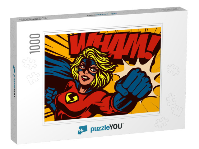 Pop Art Comic Book Style Super Heroine Punching with Fema... Jigsaw Puzzle with 1000 pieces