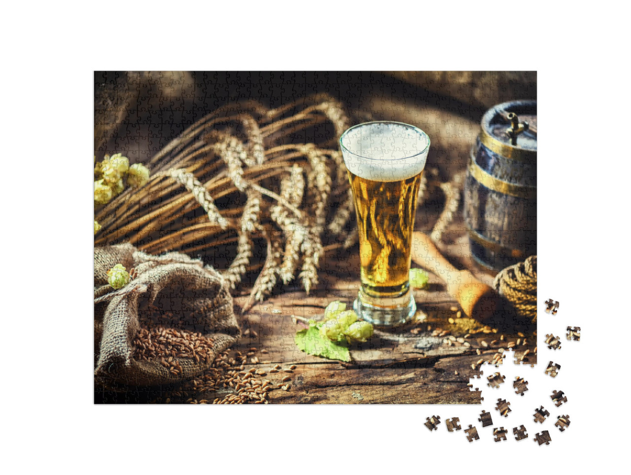 Glass of Fresh Cold Beer in Rustic Setting. Food & Bevera... Jigsaw Puzzle with 1000 pieces