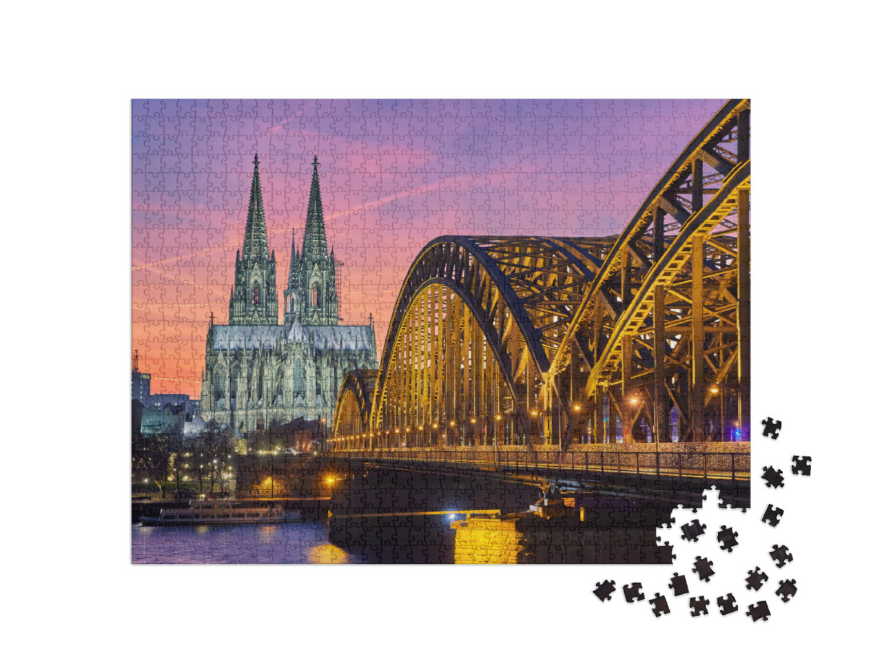 Cologne Cathedral & Hohenzollern Bridge At Sunset / Night... Jigsaw Puzzle with 1000 pieces