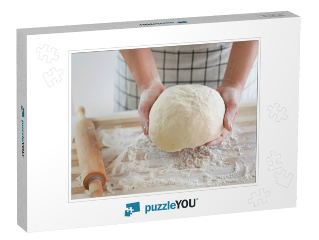 Woman Holds Dough in Her Hands & Shows At Camera. Increas... Jigsaw Puzzle