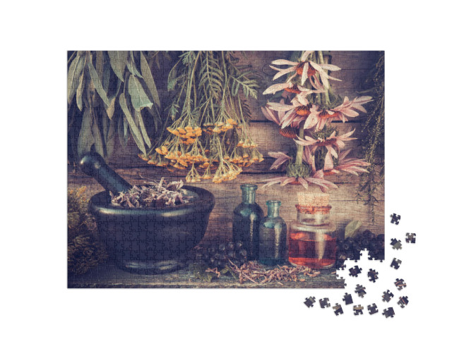 Vintage Stylized Photo of Healing Herbs Bunches, Black Mo... Jigsaw Puzzle with 1000 pieces