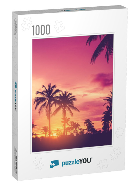 Tropical Palm Tree with Colorful Bokeh Sun Light on Sunse... Jigsaw Puzzle with 1000 pieces