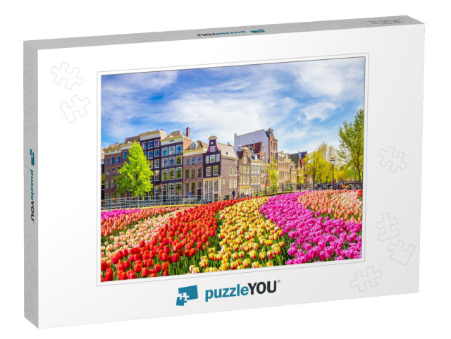 Traditional Old Buildings & Tulips in Amsterdam, Netherla... Jigsaw Puzzle