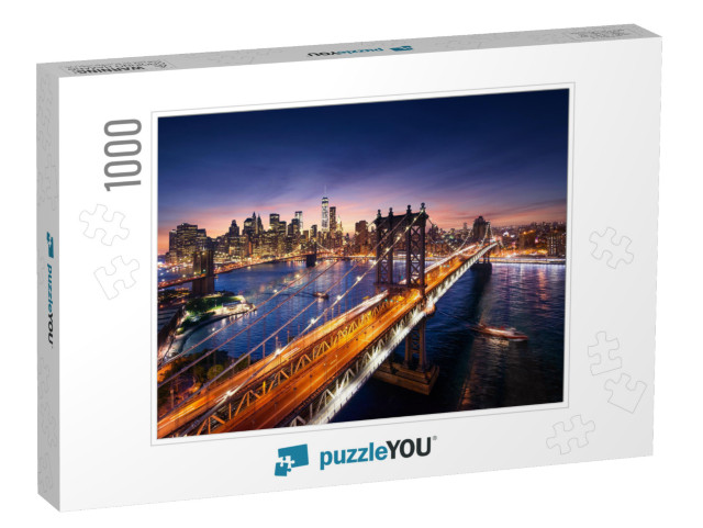 New York City - Beautiful Sunset Over Manhattan with Manh... Jigsaw Puzzle with 1000 pieces